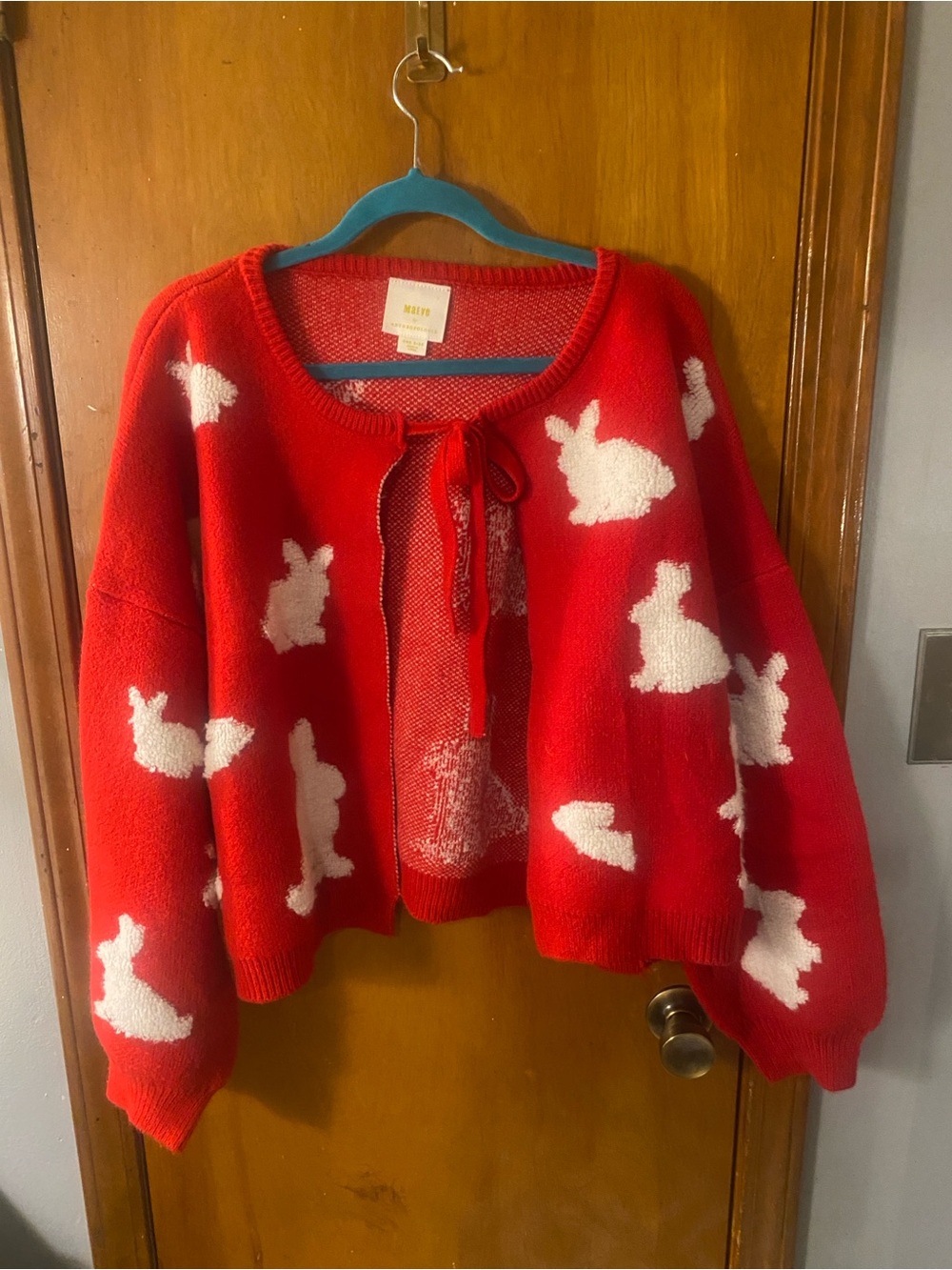 Anthropologie Red Tie-Front Bunny Print Cardigan